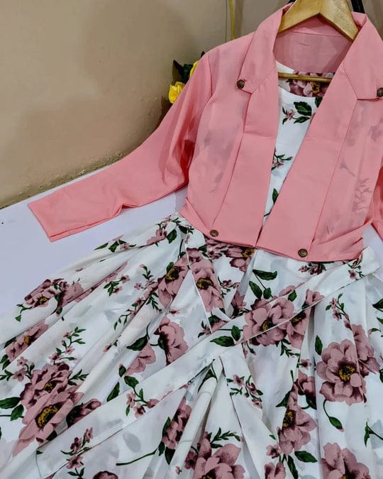 Floral Print Maxi Dress with Pink Jacket - Women's Western Wear - Floral Maxi