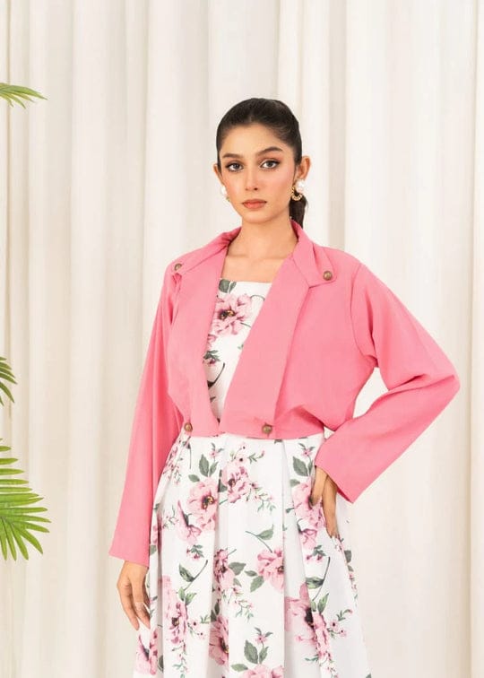 Floral Print Maxi Dress with Pink Jacket - Women's Western Wear - Floral Maxi