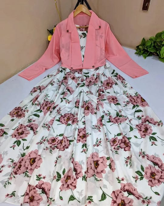 Floral Print Maxi Dress with Pink Jacket - Women's Western Wear - Floral Maxi