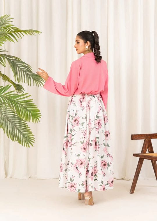Floral Print Maxi Dress with Pink Jacket - Women's Western Wear - Floral Maxi